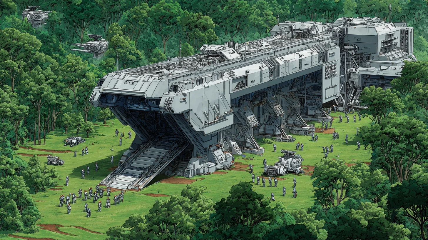 Massive sci fi landing ship deploying troops on alien world