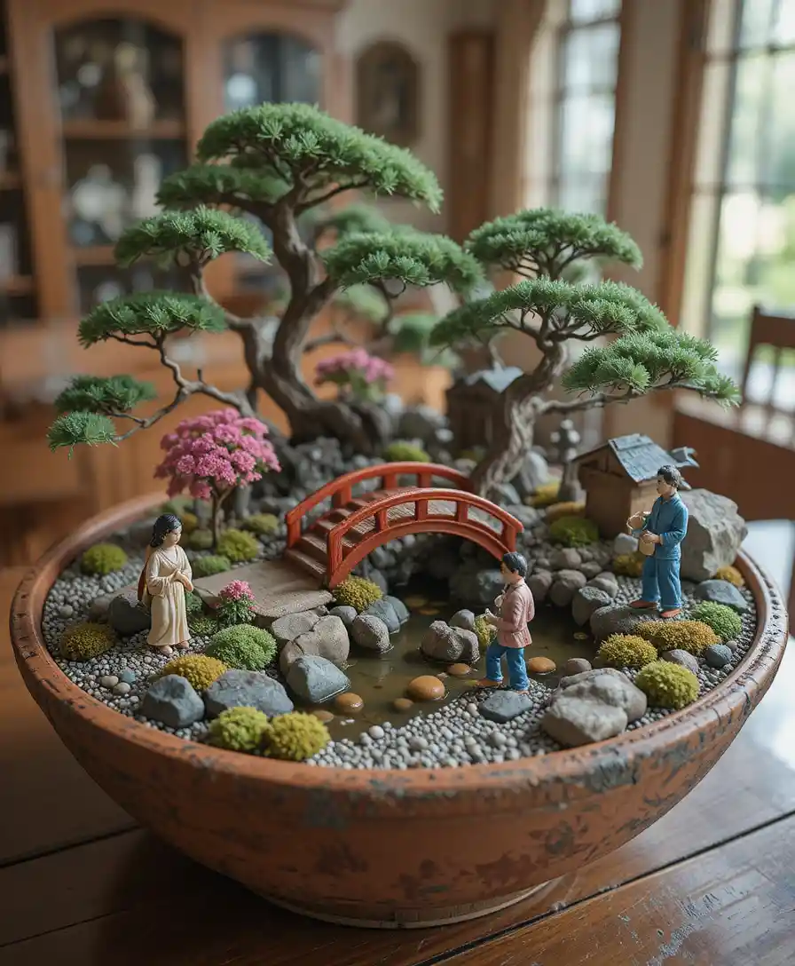 Miniature Japanese garden in a terracotta bowl on table