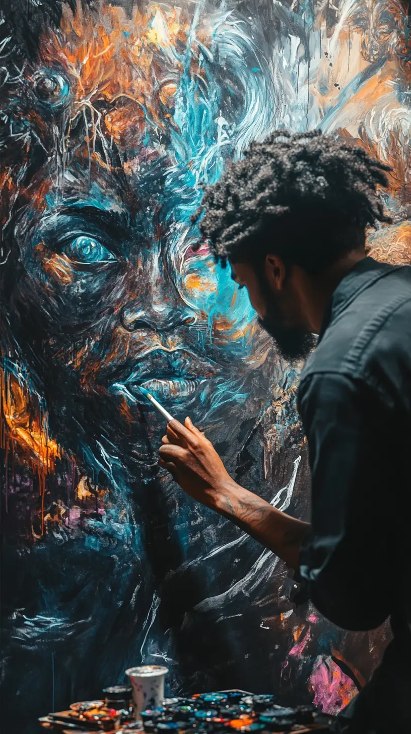 Artist painting a surreal mural in a futuristic gallery