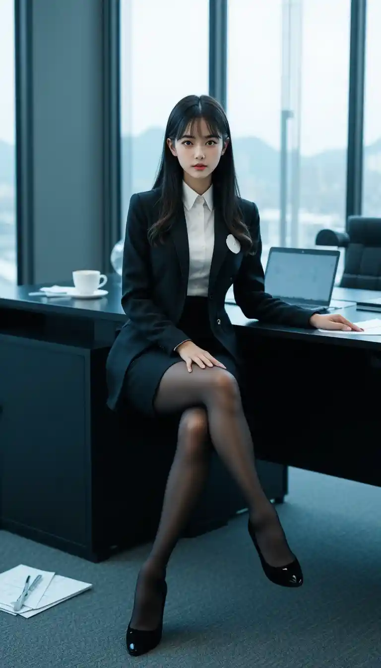 Elegant Japanese office woman sitting on a desk