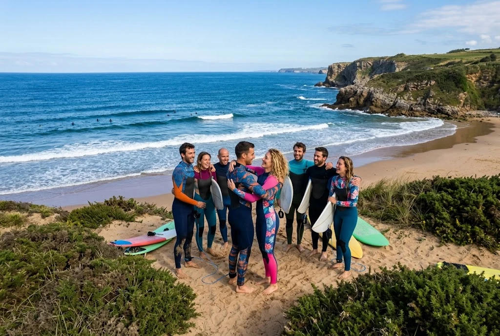 Surfer couple embraced on sandy beach with friends