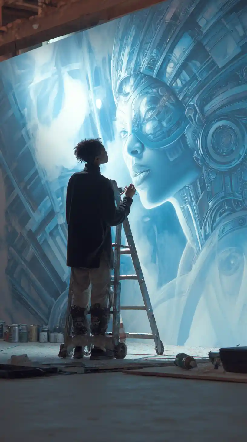 Artist painting a surreal Afrofuturistic mural in gallery