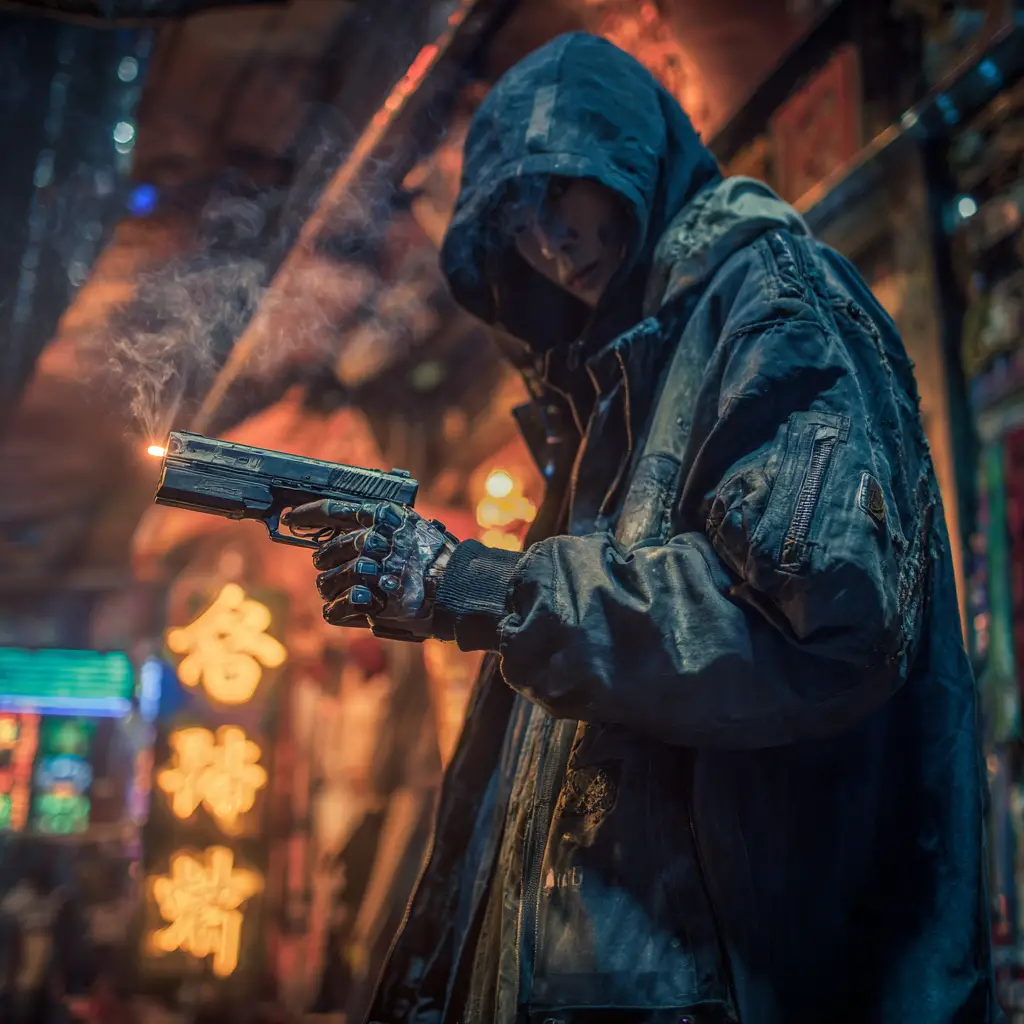 Gangster asiatici in una buia strada di città futuristica cyberpunk