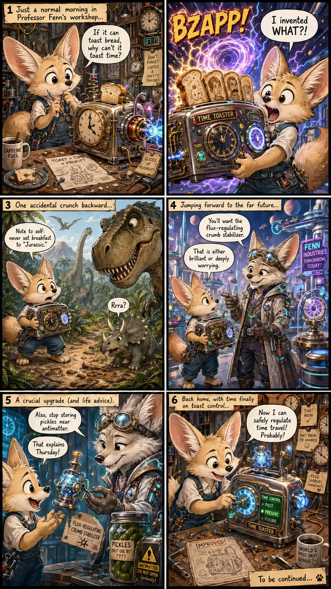 Cute fennec fox inventor in denim overalls comic scene