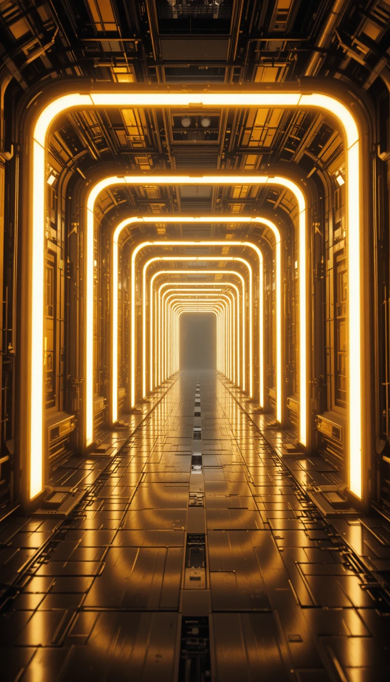 Glowing geometric tunnel of golden sci fi structures