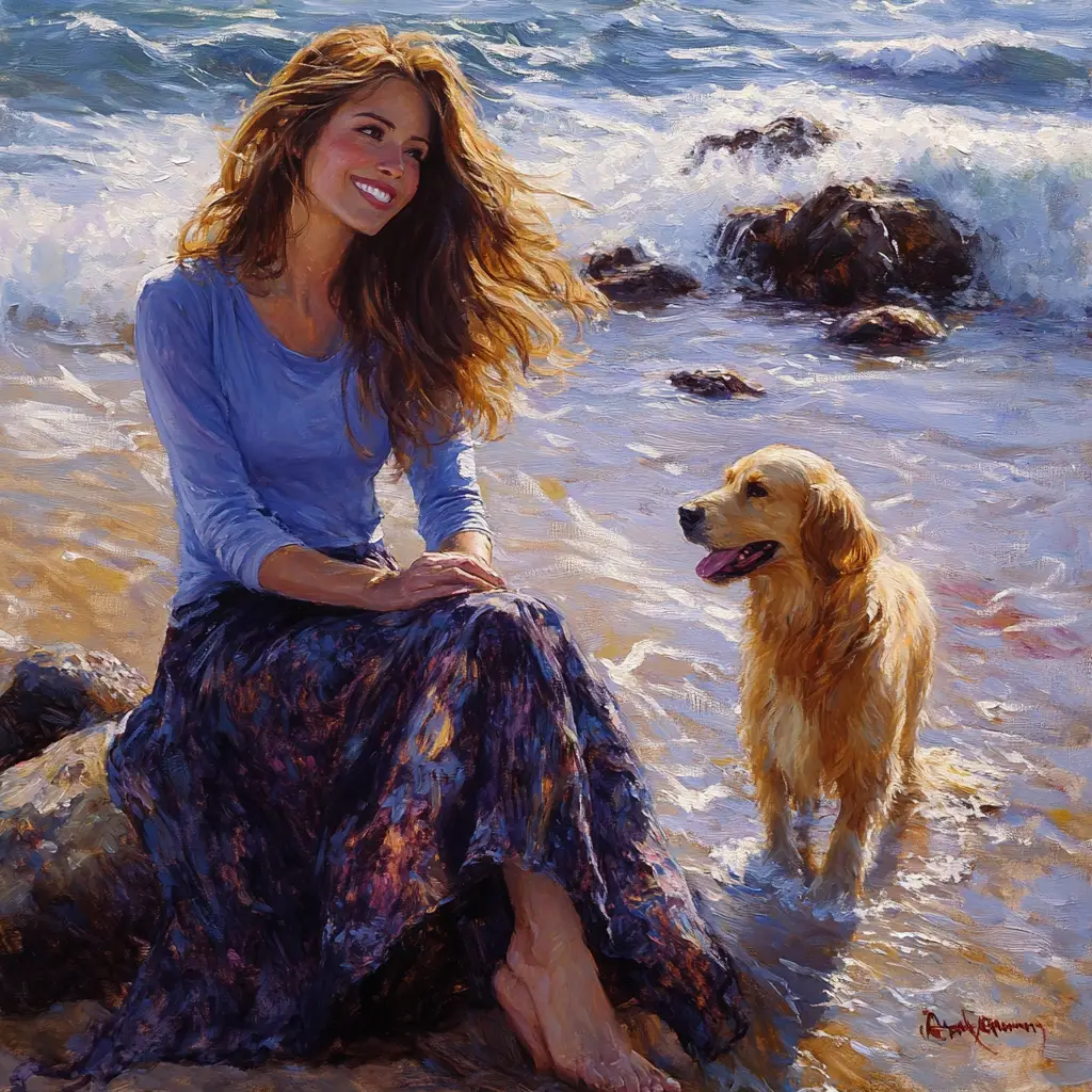 Woman on rocky shore with dog in impasto beach painting