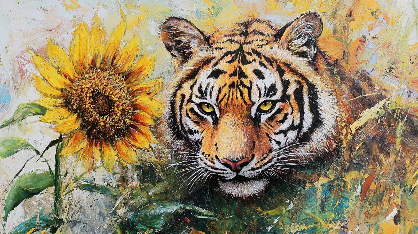 Gato tigre de girasol emergiendo con mirada intensa al frente