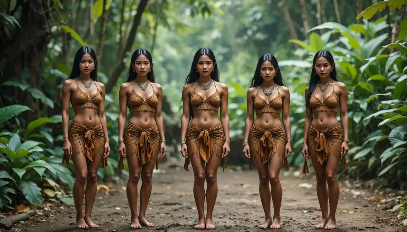 Young tribal women standing barefoot in lush rainforest