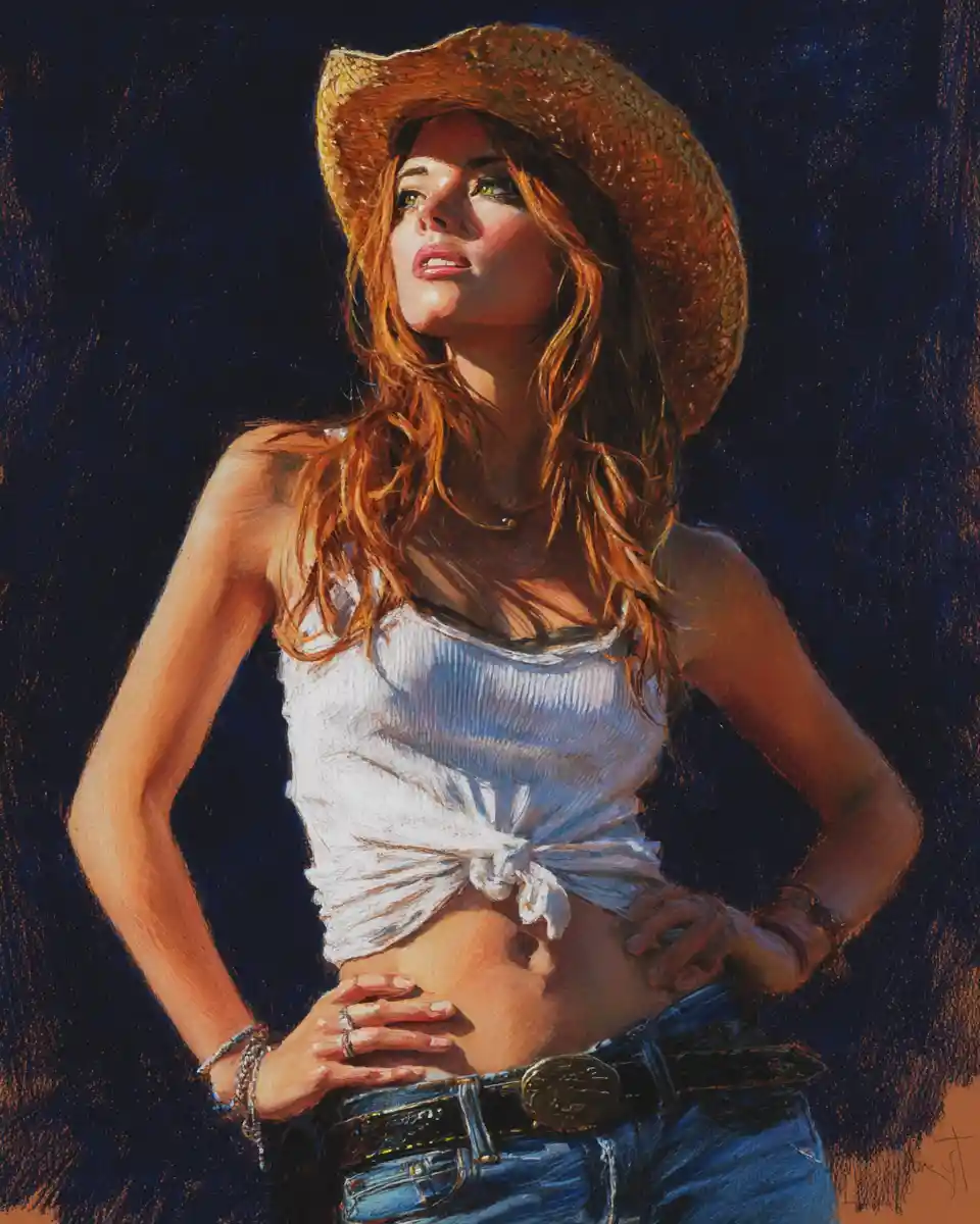 Cowgirl sicura di sé con canotta bianca e jeans