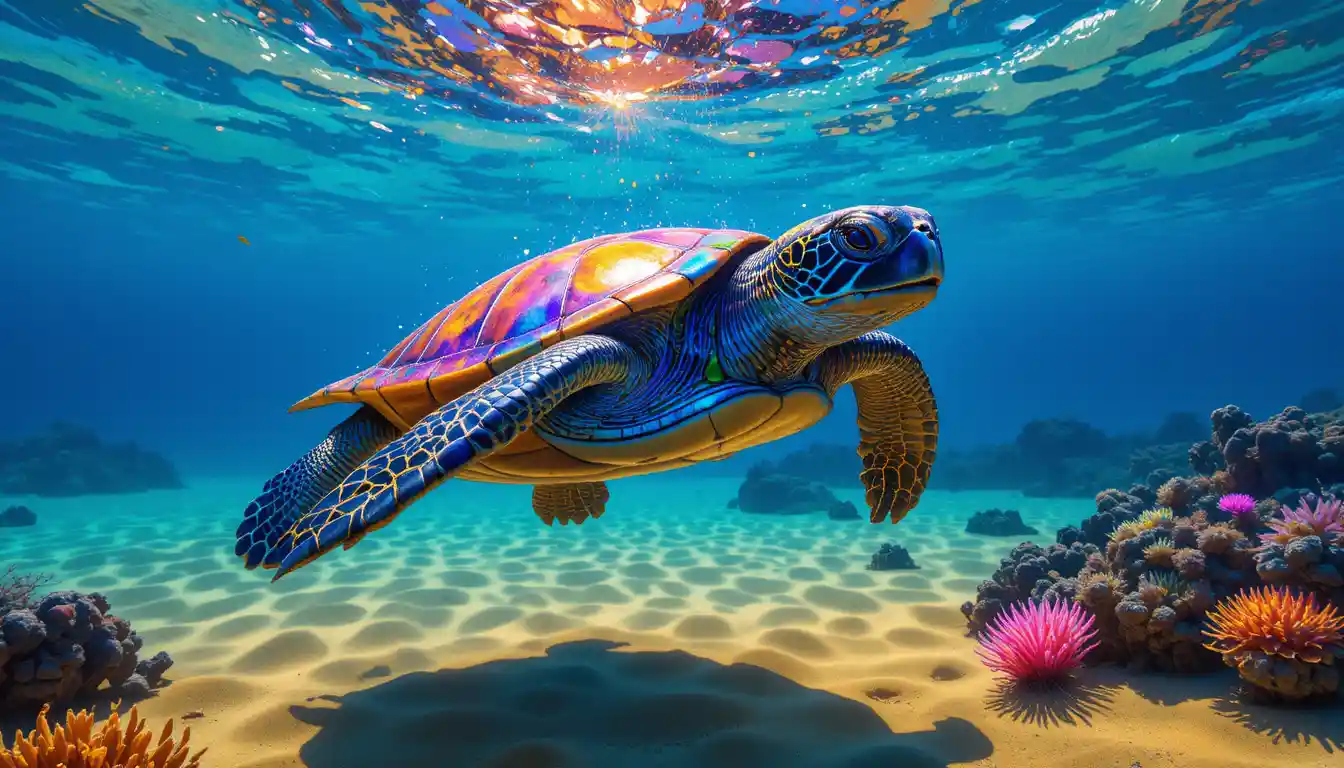 Colorful sea turtle gliding above a bright ocean seabed