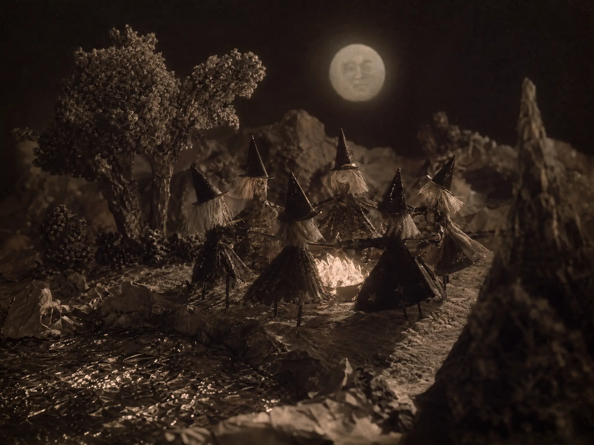 Miniature witches dancing around a glowing glass campfire