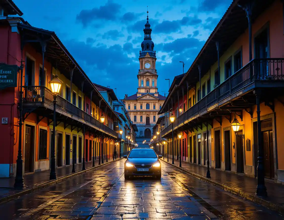 Colorful historic city street at twilight with wet reflections