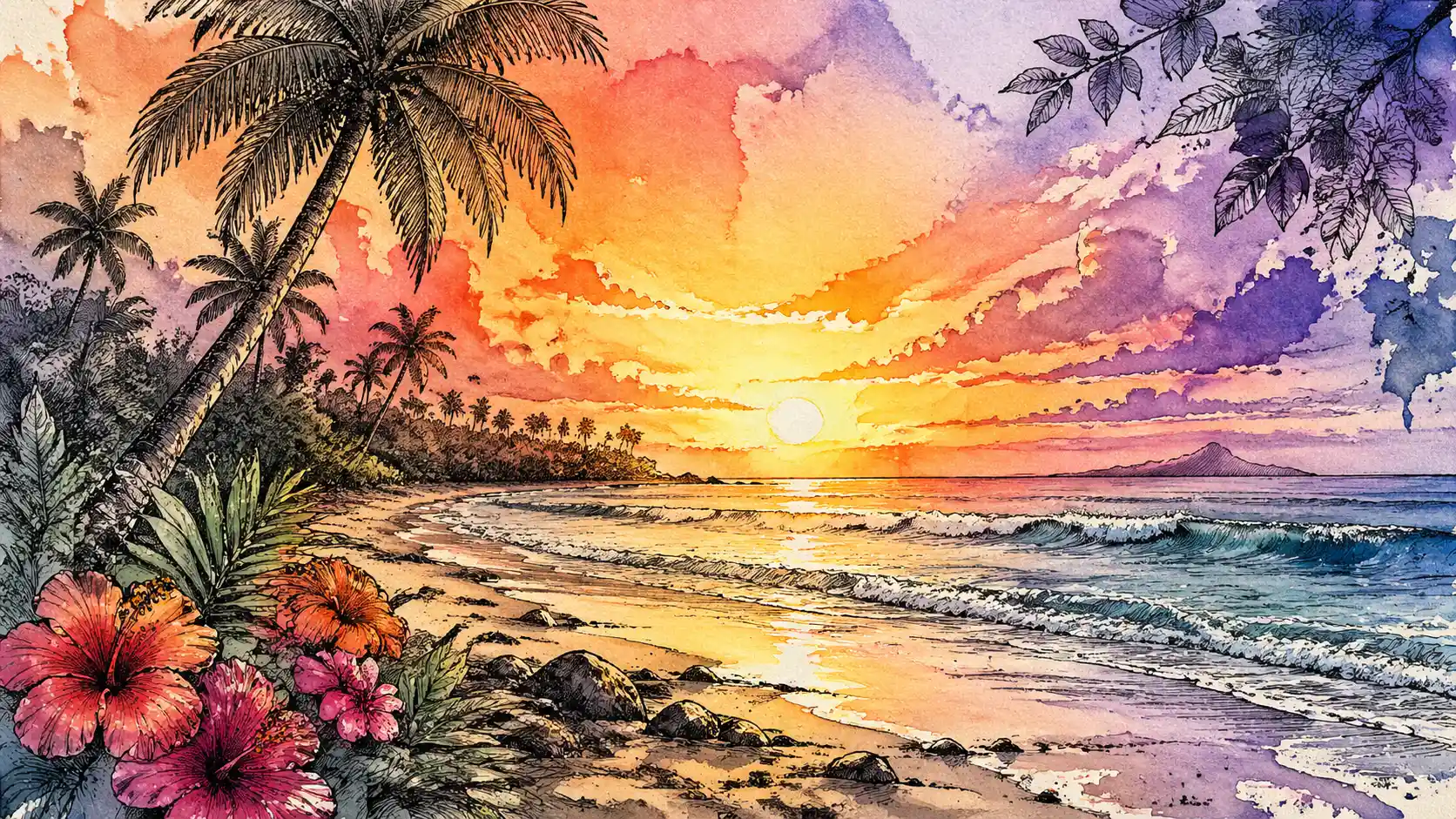 Farbenprächtiger Sonnenaufgang über einem tropischen Strand in Tinte und Aquarell