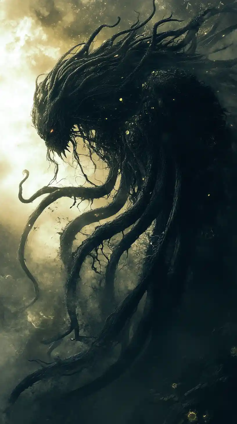 Ominous fantasy monster emerging in broad daylight