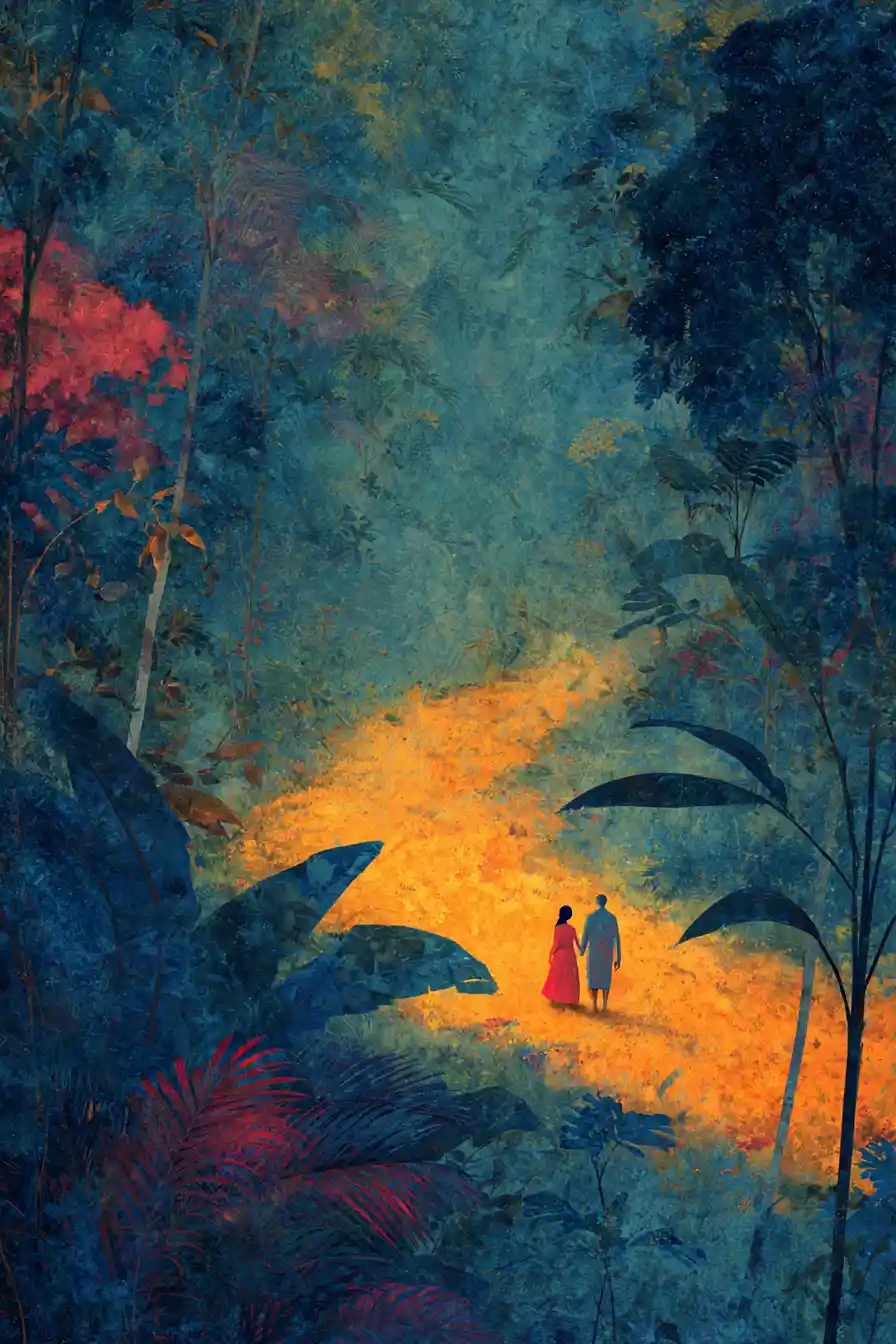 Couple parting in a surreal evening jungle maze scene