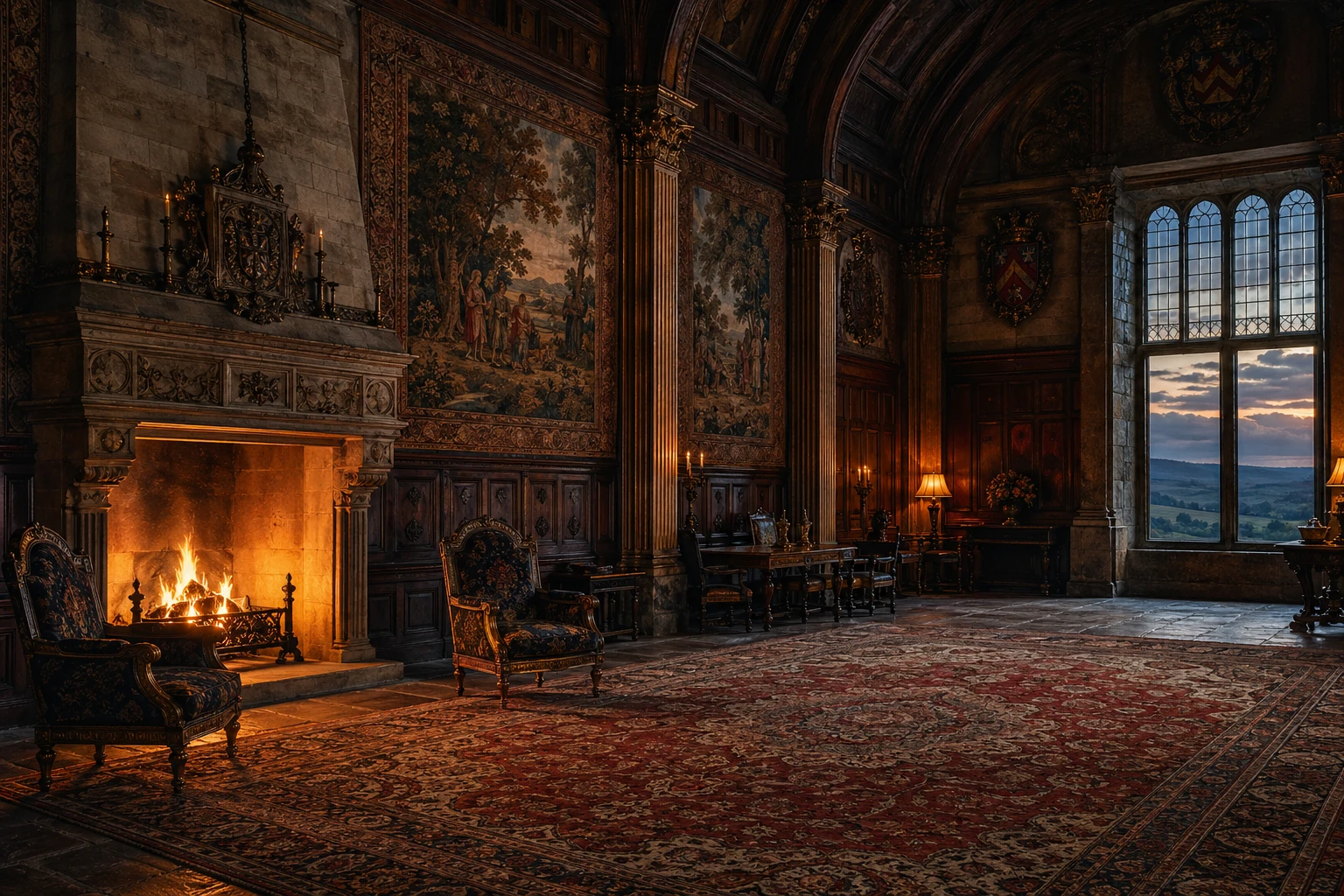 Grand medieval hall with roaring fireplace and armchairs