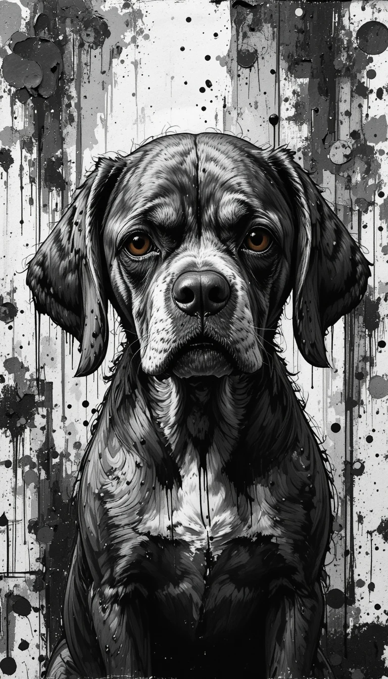 Sad floppy eared dog in black and white digital painting