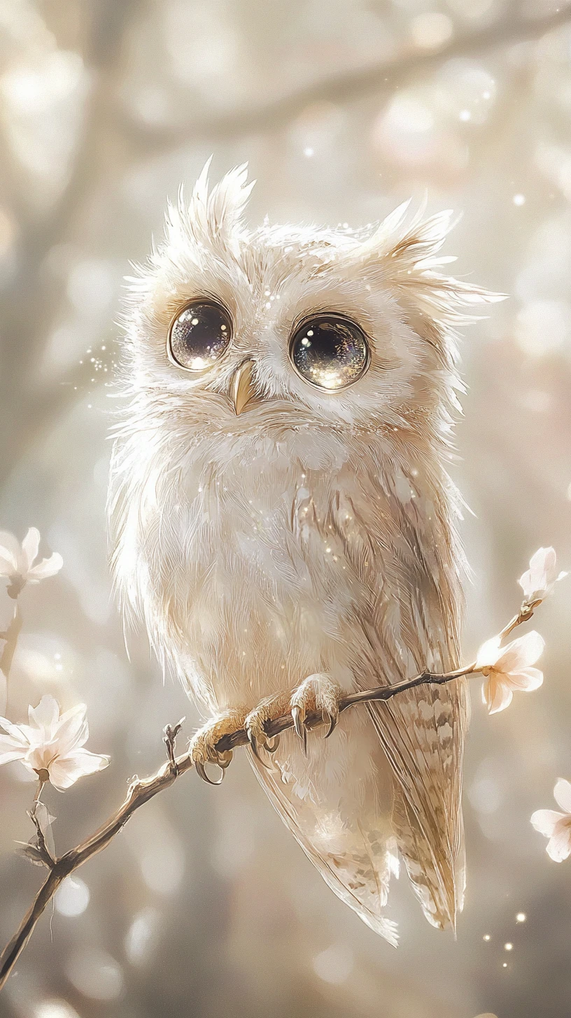 Small luminous eyed owl in a dreamy fantasy forest