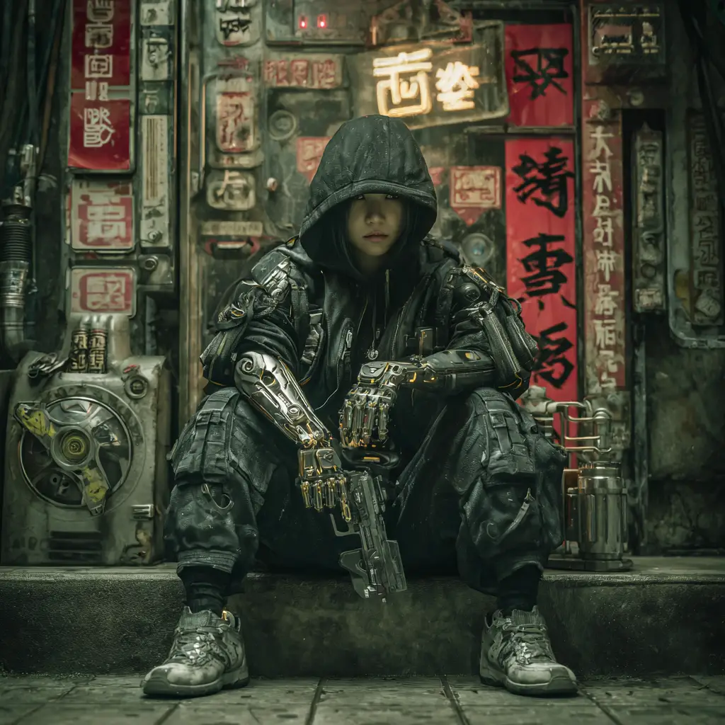 Gangster asiatici futuristici in una cupa città cyberpunk