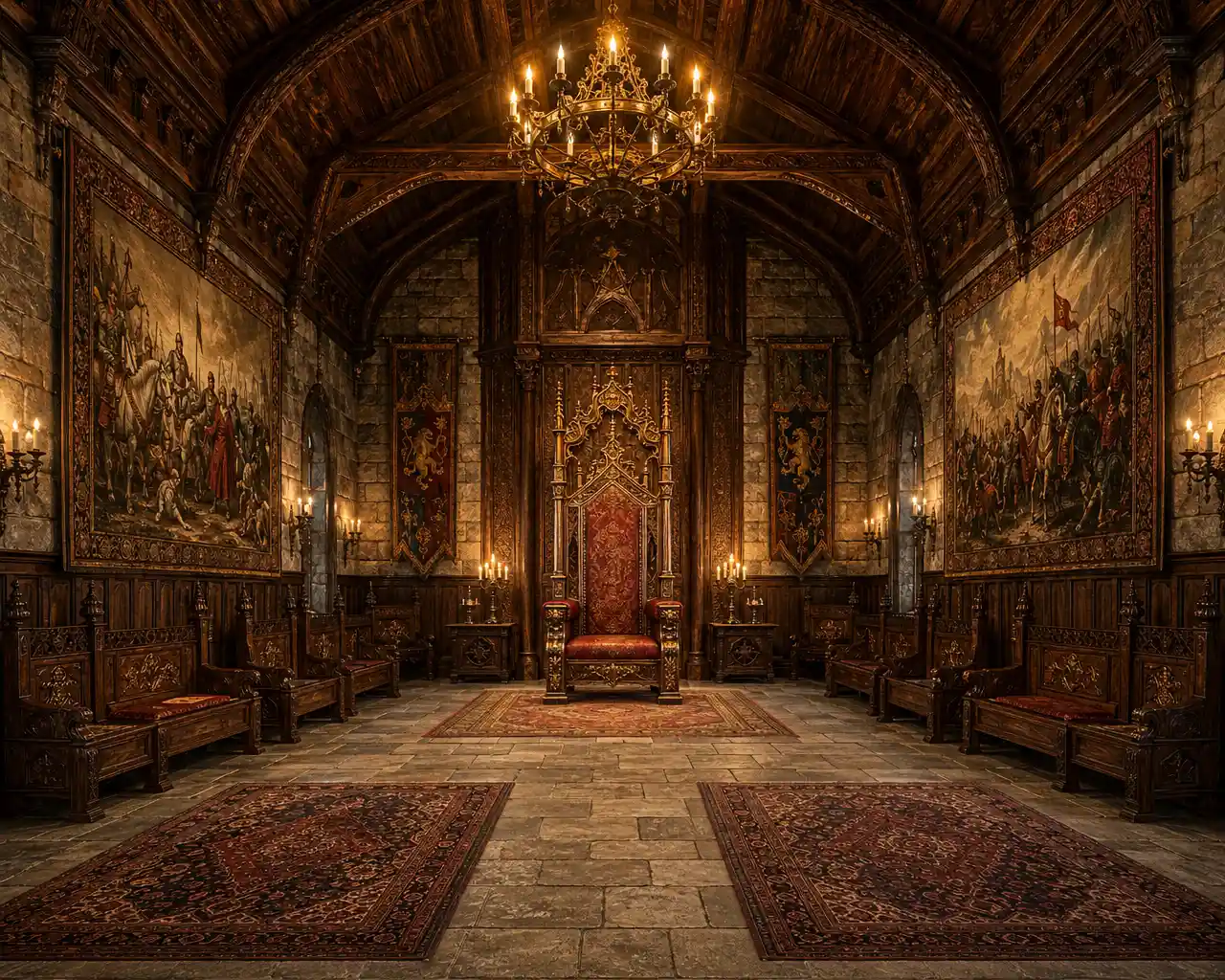 Regale sala del trono medievale con arazzi e bagliore di candele