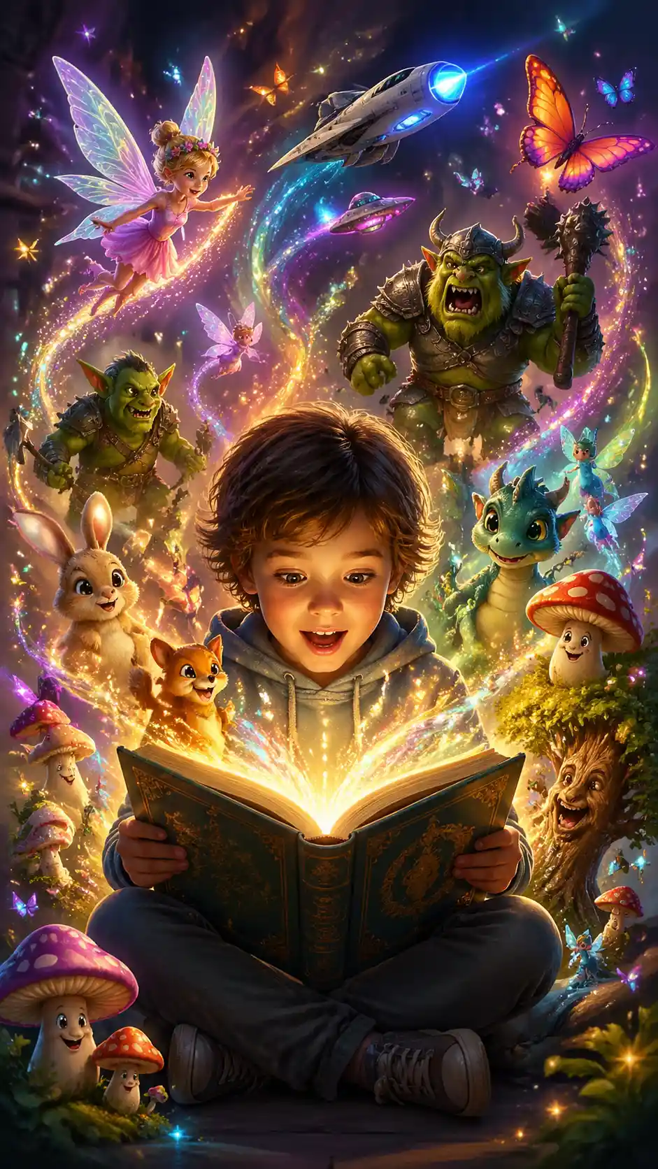 Child reading a magical book with swirling fantasy creatures