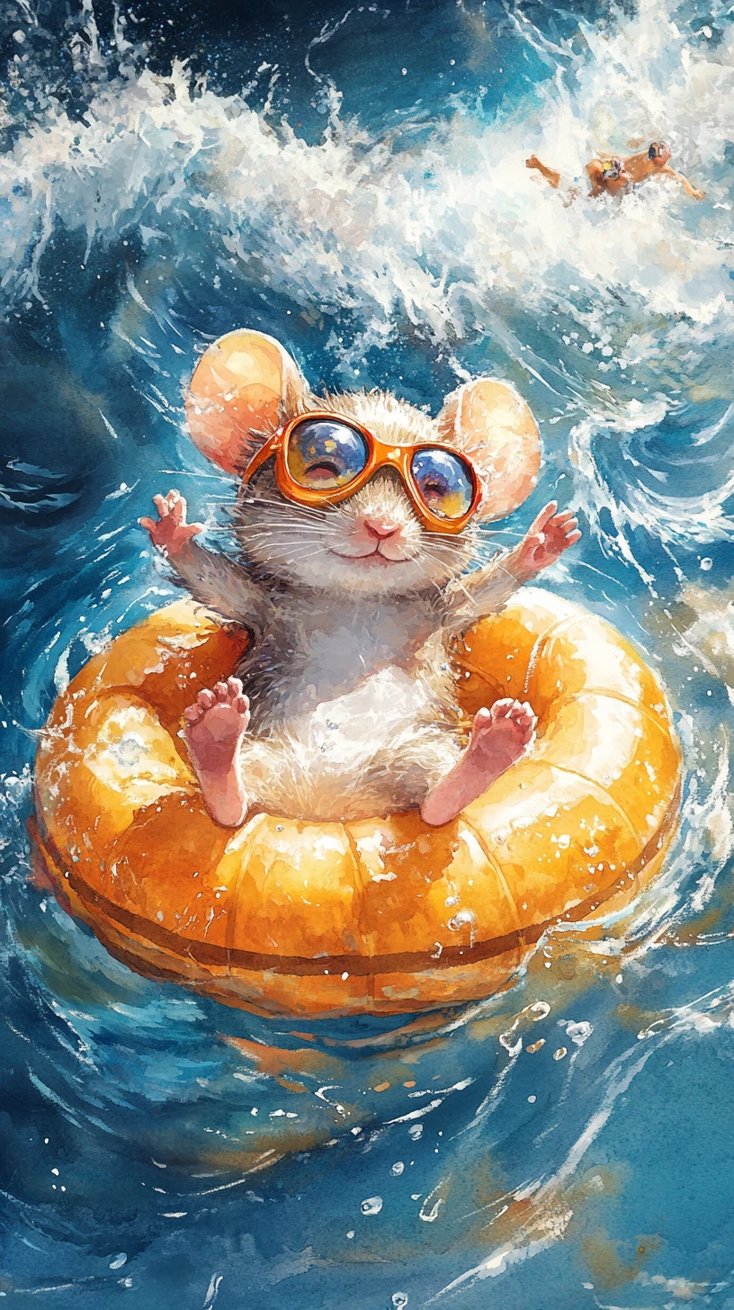 Ratón tierno flotando en un flotador en el mar