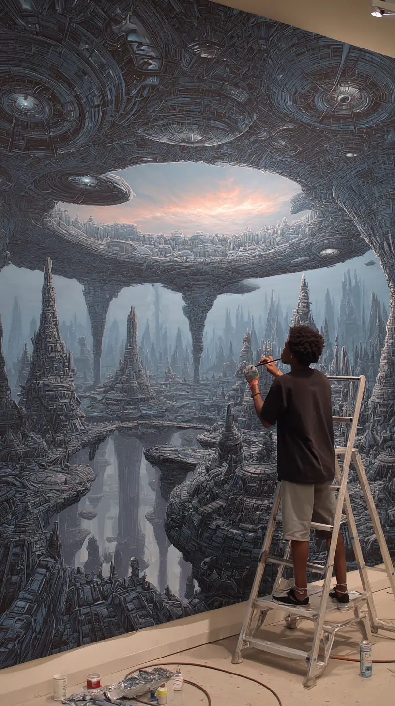 Black artist painting a surreal mural in art gallery