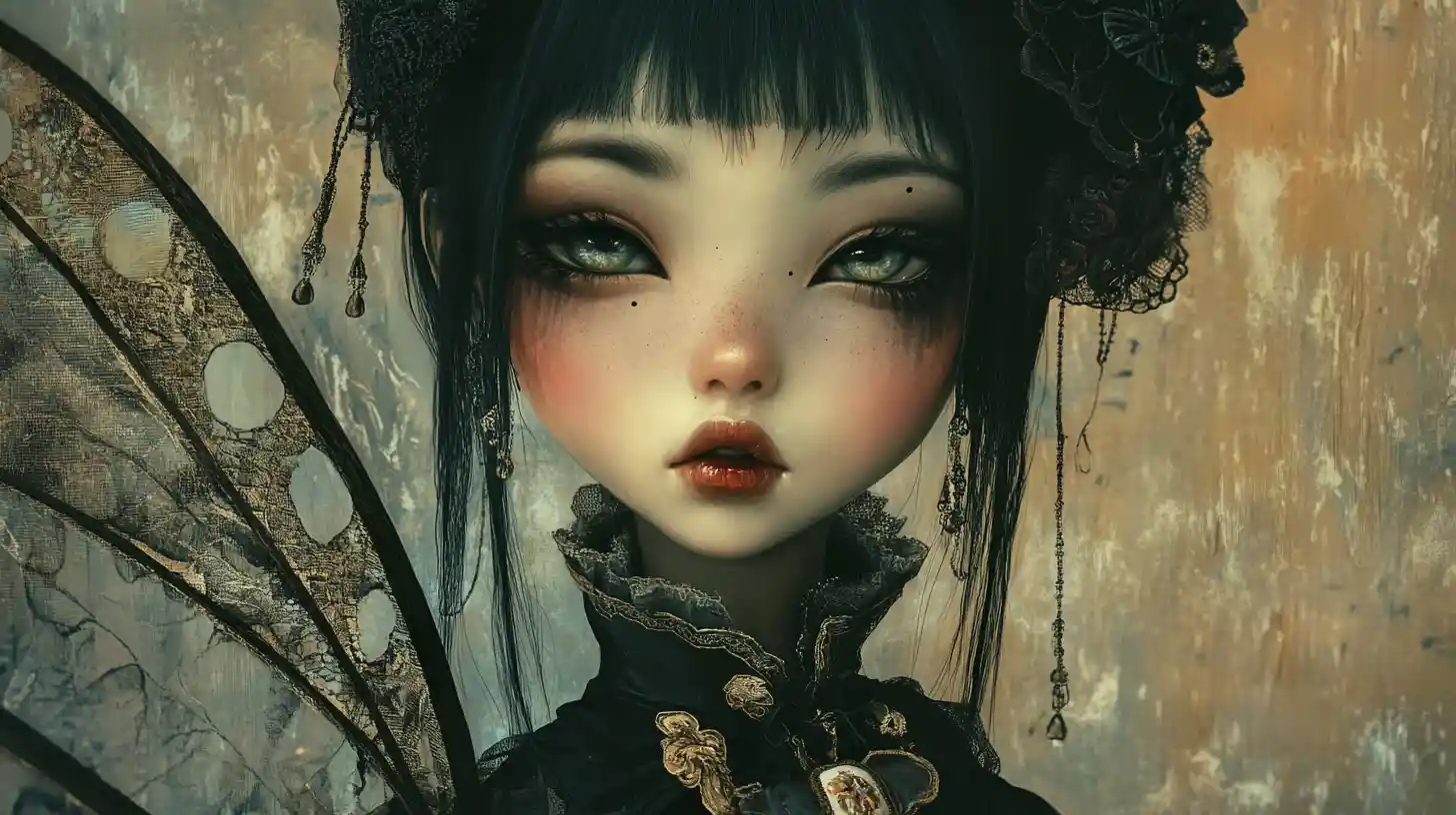 Whimsical gothic doll like fairy girl with glossy eyes