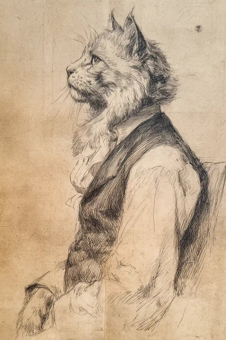 Charcoal profile study of a distinguished cat in waistcoat
