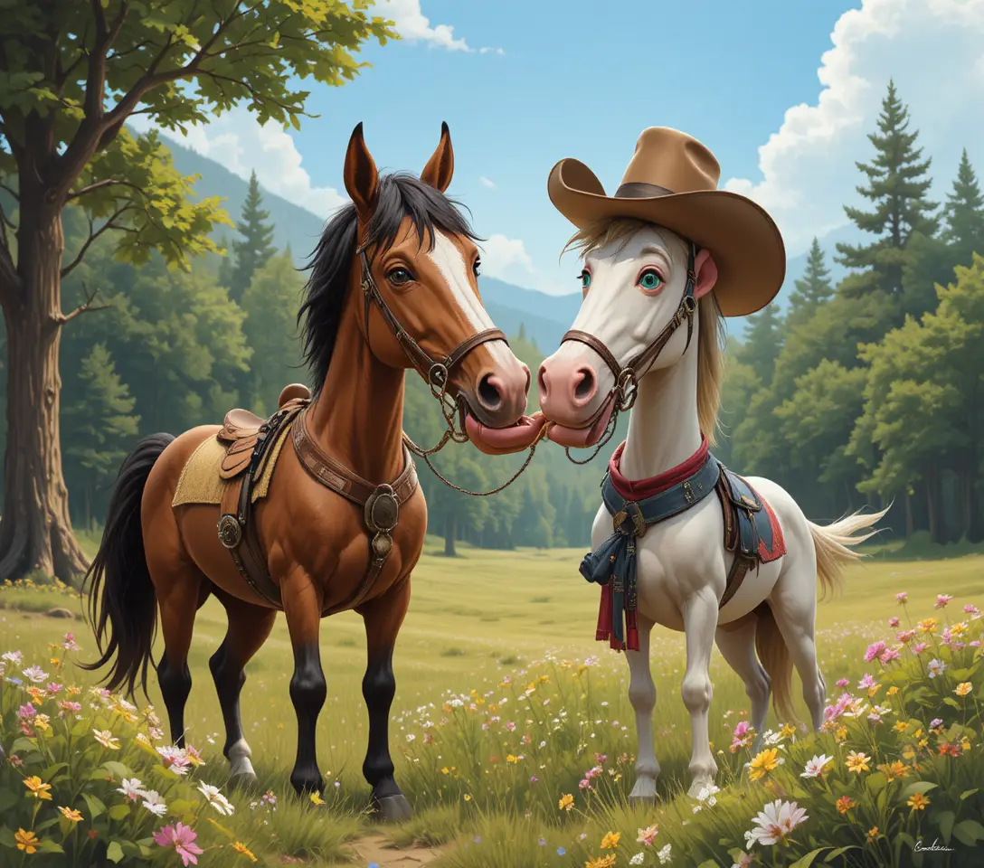 White horse and dog together in a sunny green field
