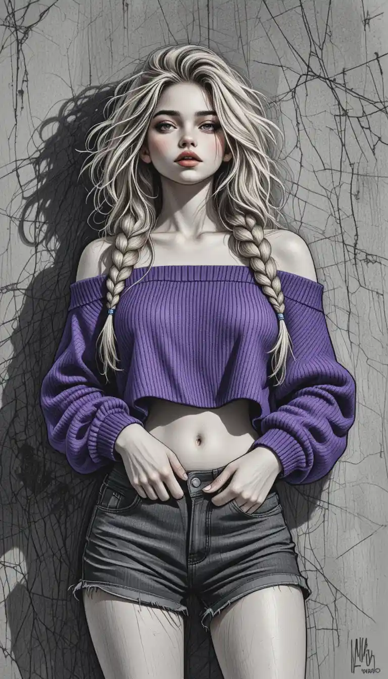 Moody pencil portrait of a braided blonde girl in sweater