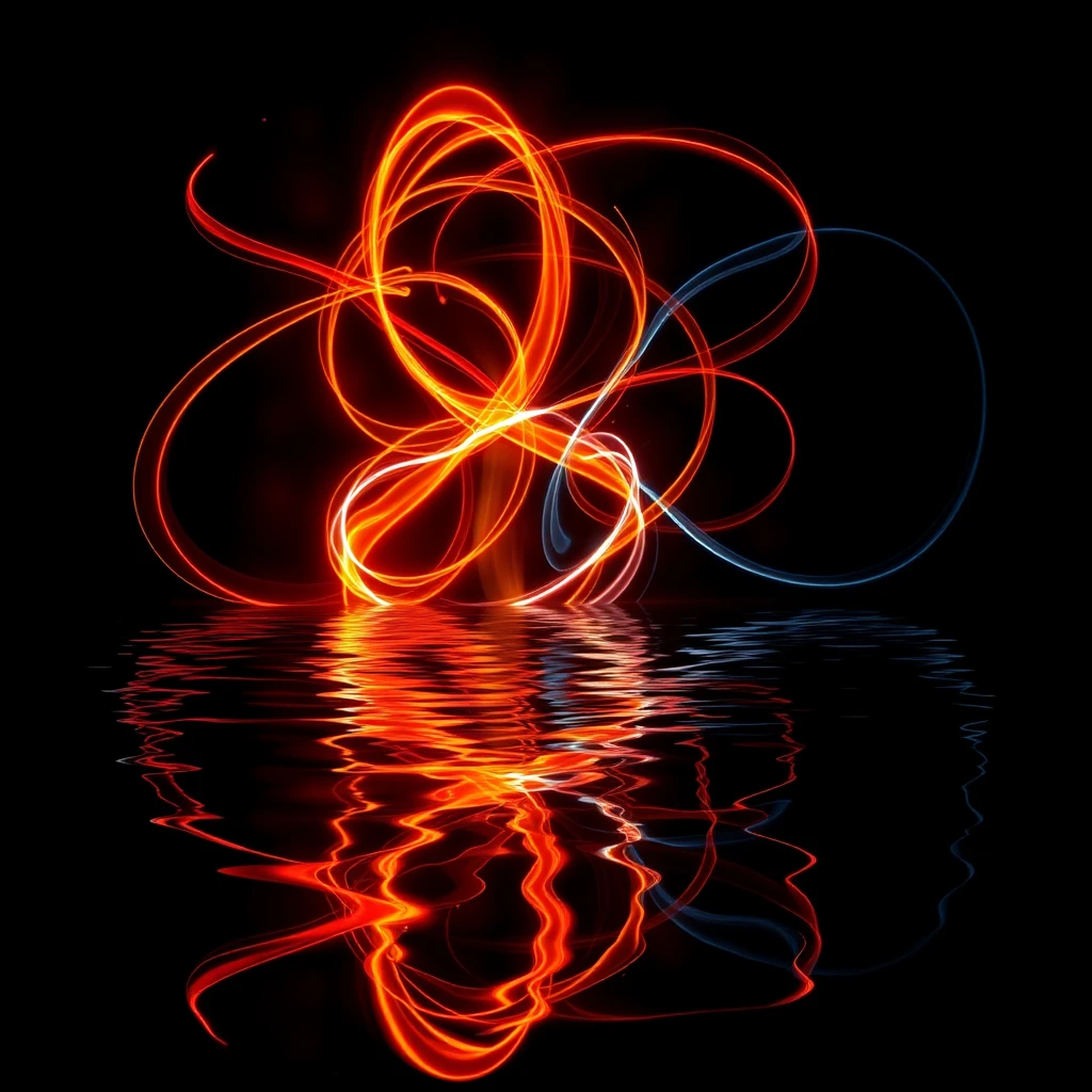 Abstract light streaks reflected on dark watery surface