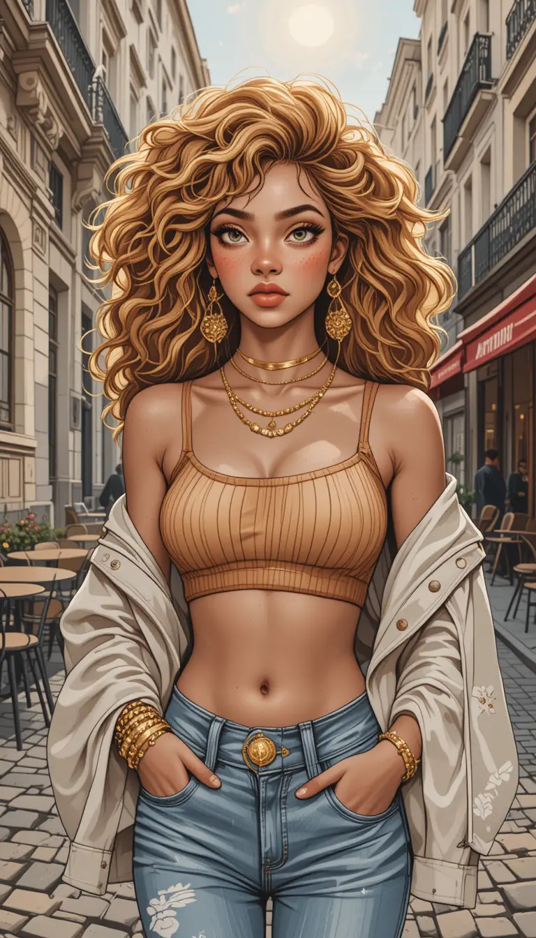 Stylish woman on a sunny Parisian street illustration