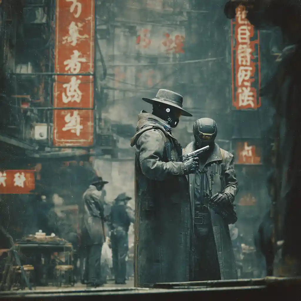 Asian gang members in a futuristic cyberpunk city street