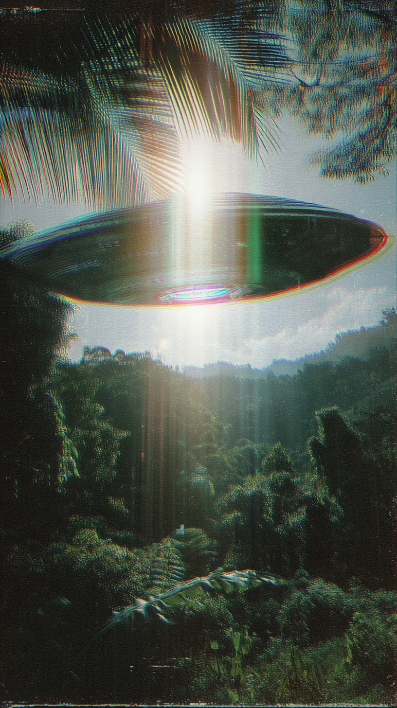 Foto analógica de un ovni distorsionado sobre una jungla densa