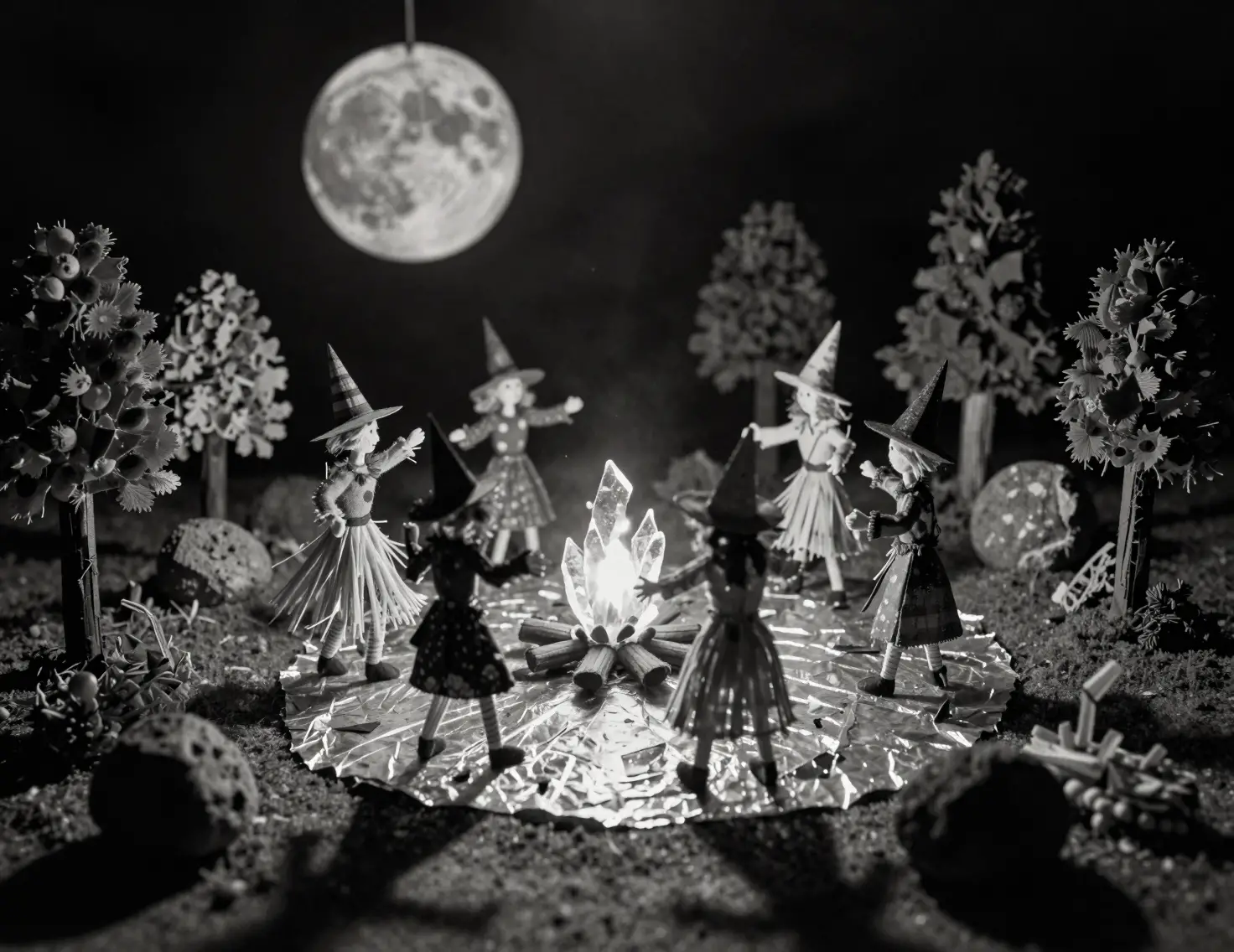 光るガラスの炎を囲んで踊るミニチュア魔女のジオラマ