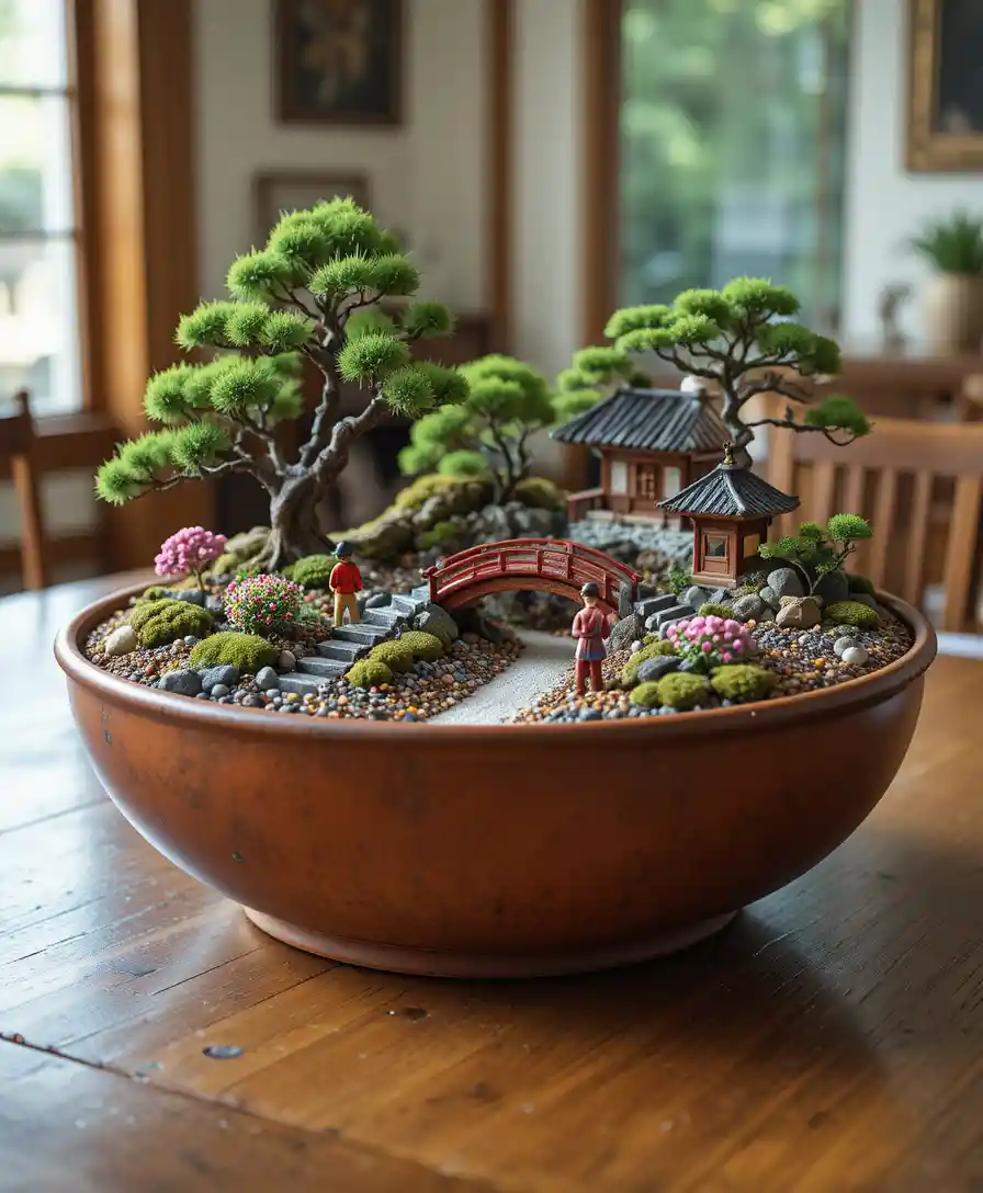 Miniature Japanese garden in a terracotta bowl on table