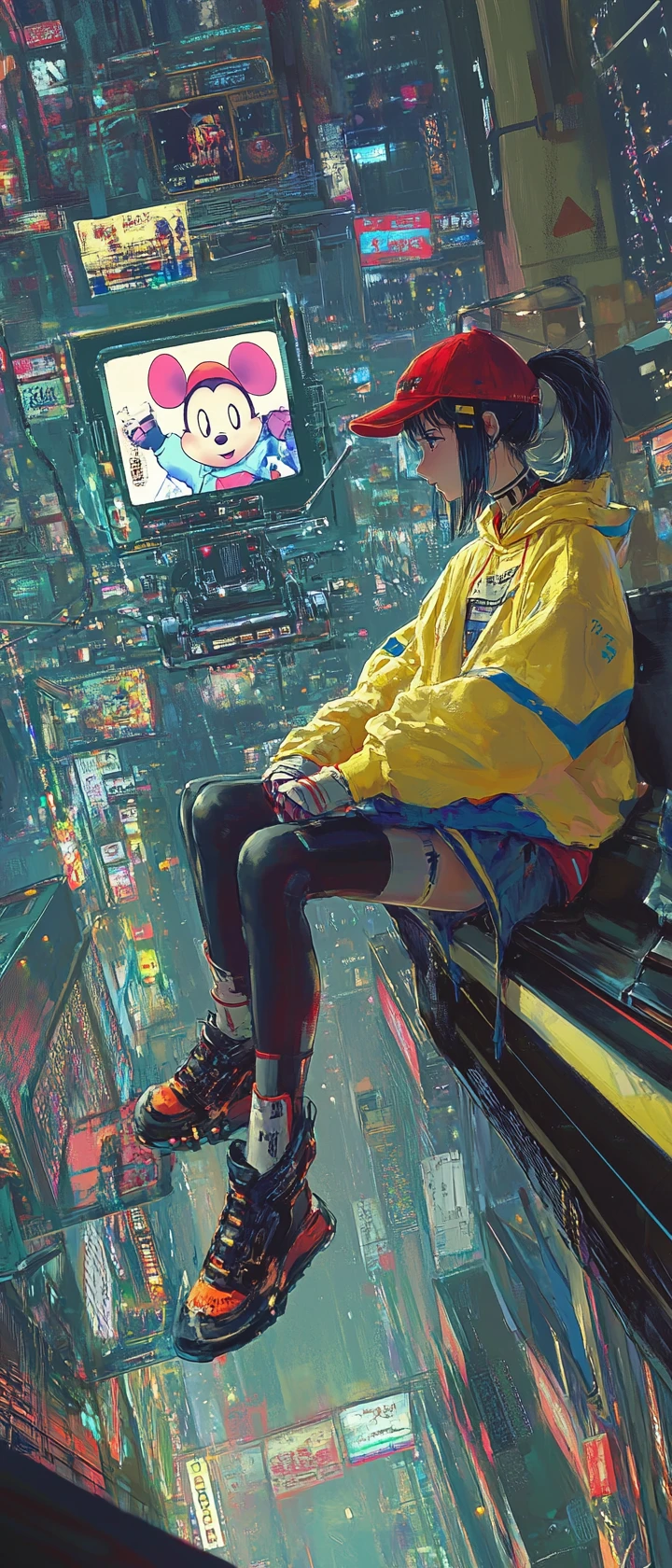 Girl wielding a sword against ghostly robots in market