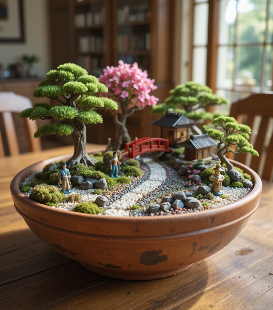 Miniature Japanese garden in a terracotta bowl on table