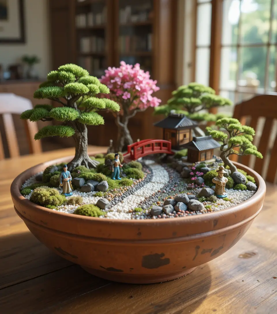 Miniature Japanese garden in a terracotta bowl on table