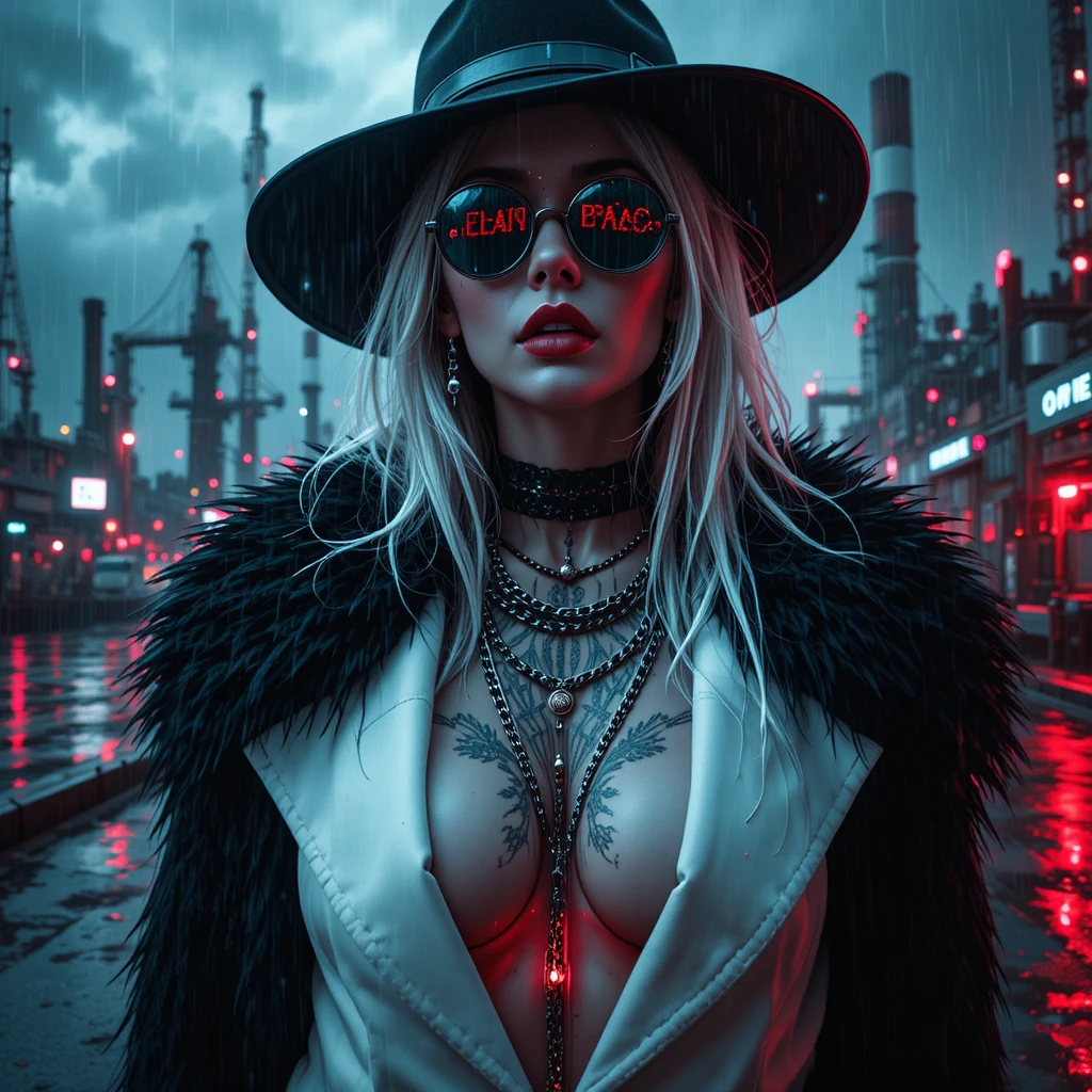 Cyberpunk femme fatale in neon lit extreme close up portrait