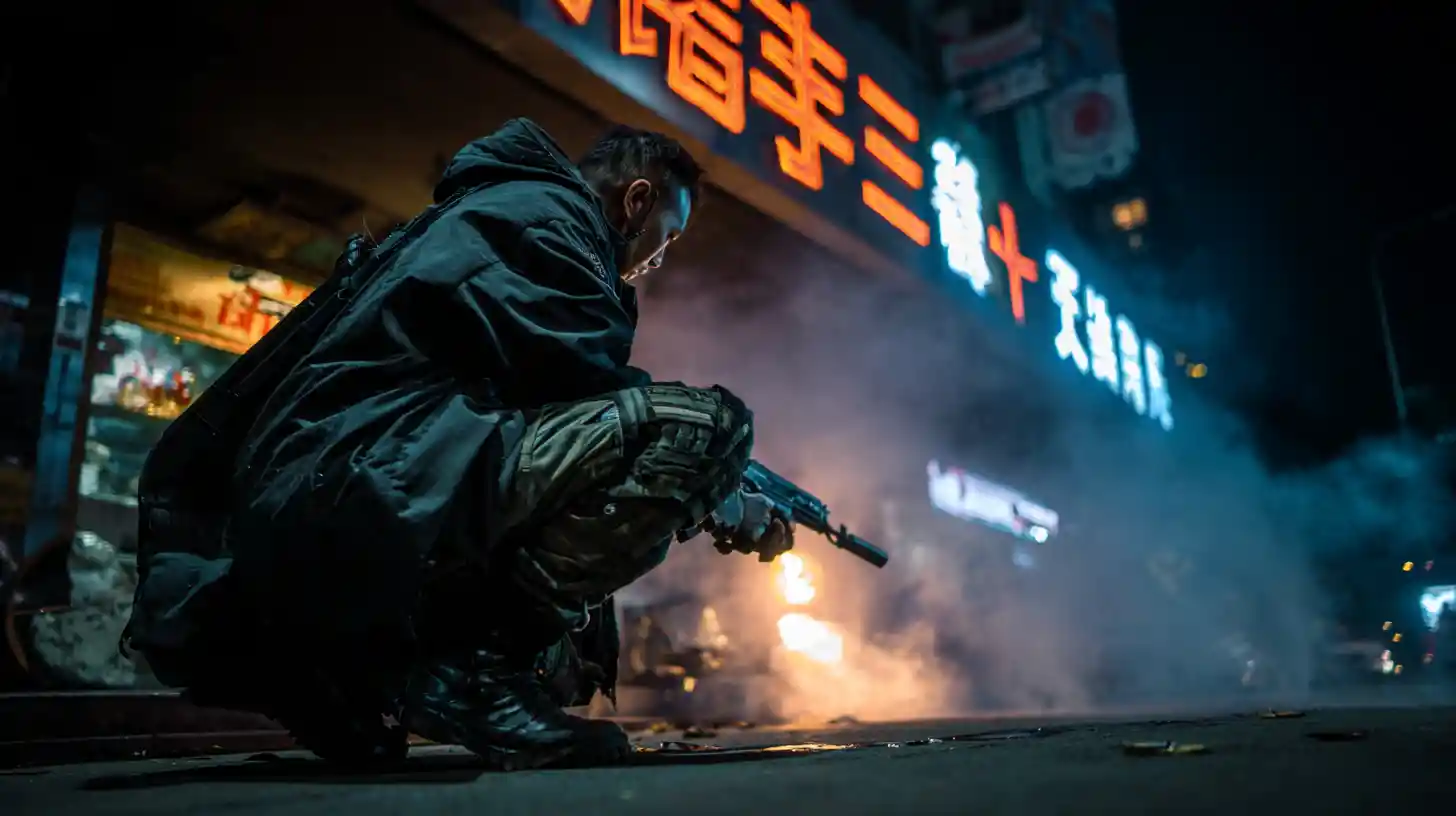 Asian gangsters with cyber weapons in futuristic city streets