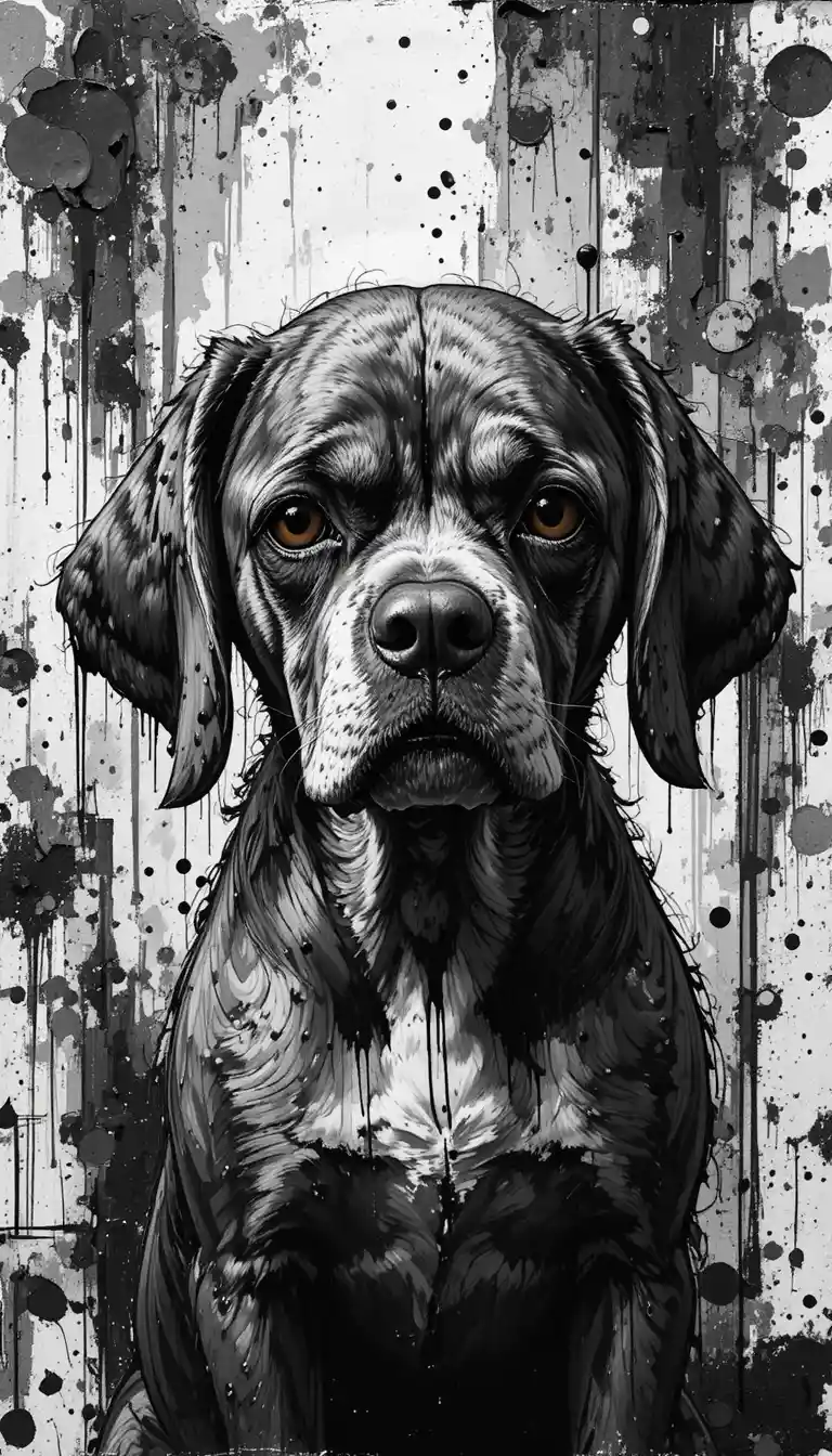 Sad floppy eared dog in black and white digital painting