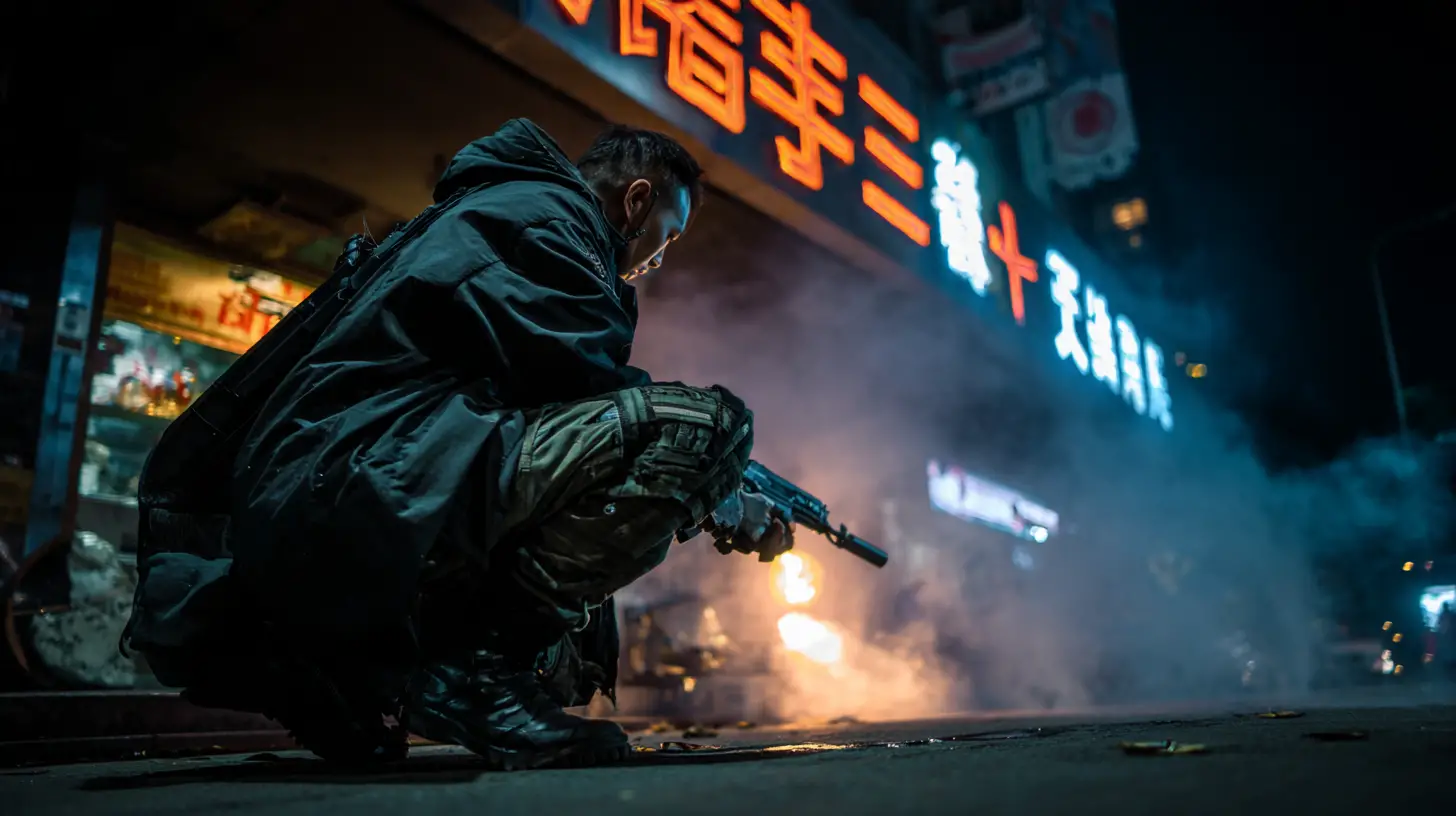 Gangster asiatici con armi cyber nelle strade di una città futuristica