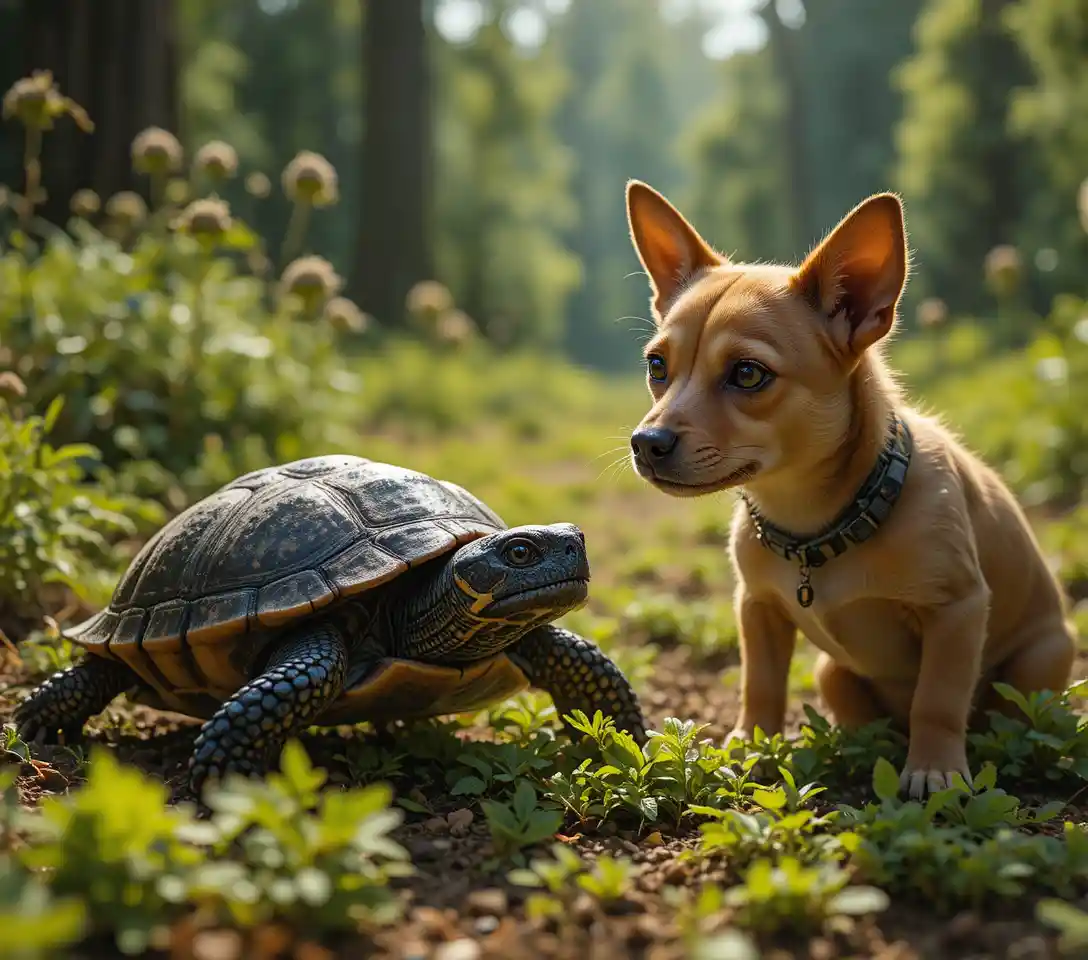 Curious brown puppy studying a small turtle on grass