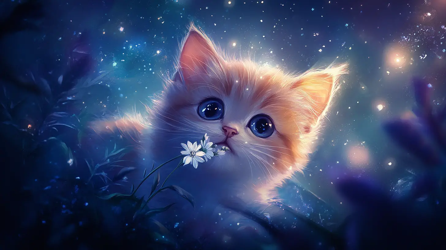 Gattino rotondo che tiene in bocca fiori di luna sotto un cielo notturno luminoso