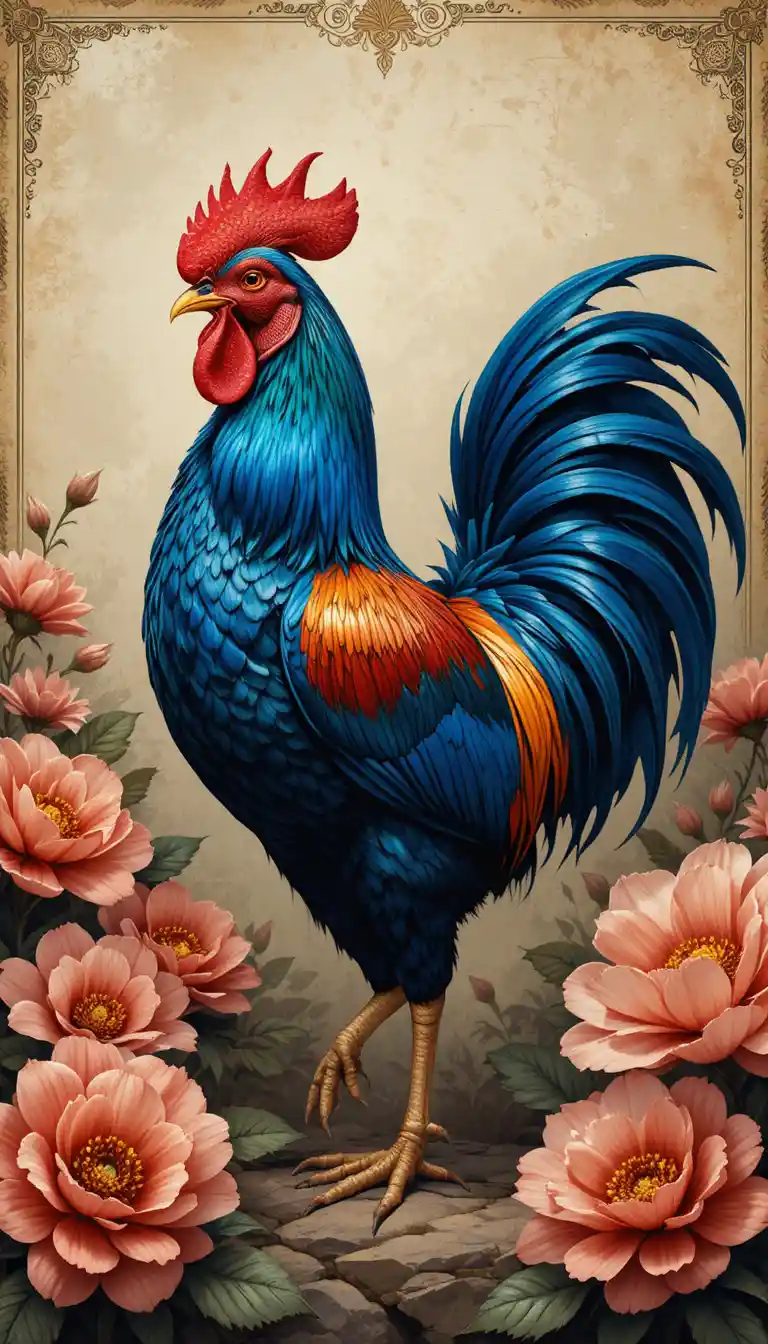 Majestic colorful rooster with ornate flowers and vintage background