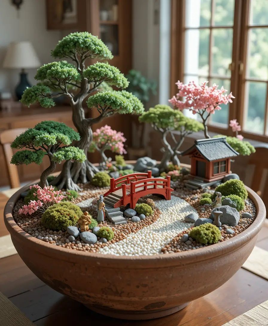 Miniature Japanese garden in a terracotta bowl on table