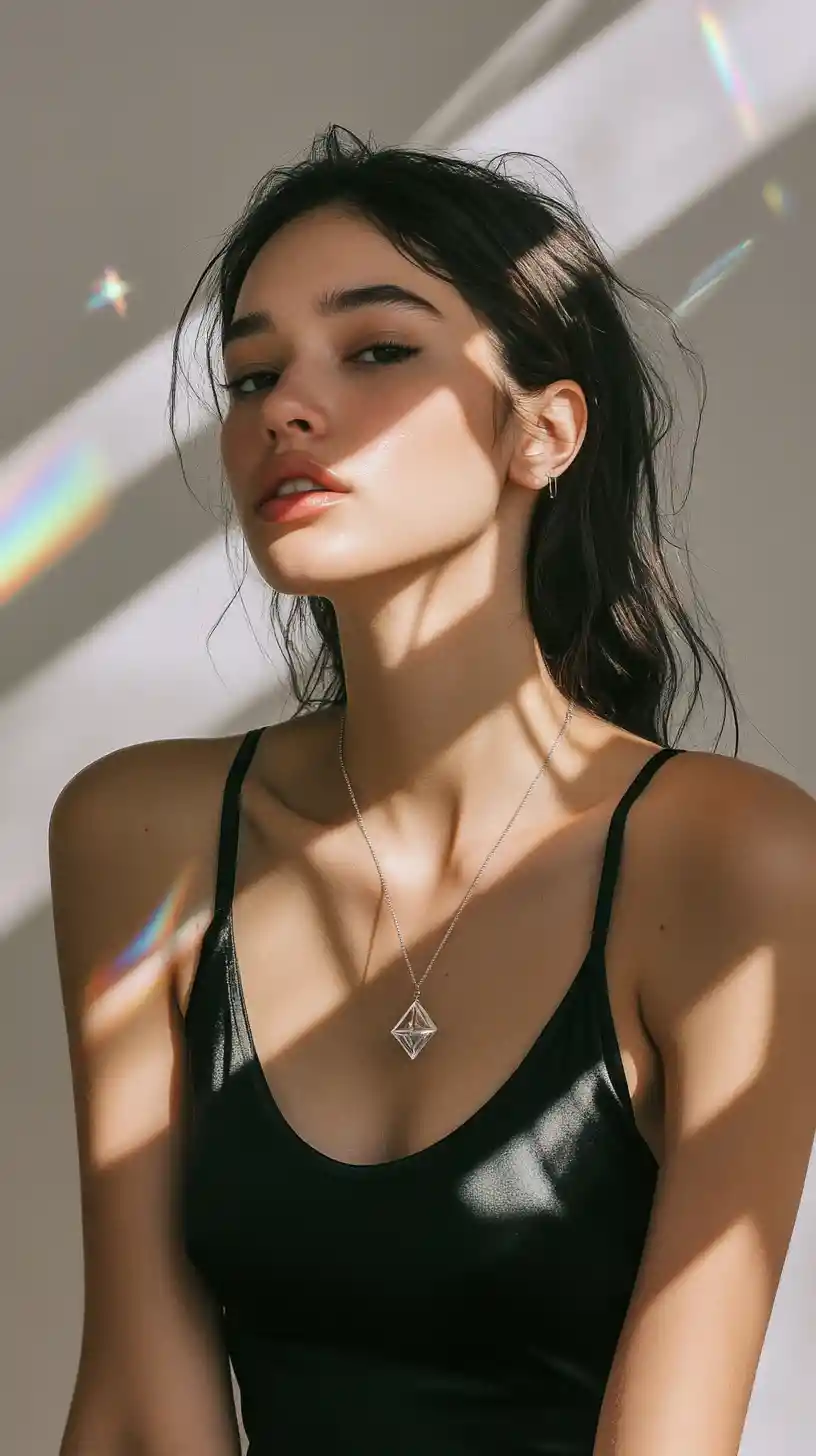 Elegant woman in prism light in a minimalist studio portrait