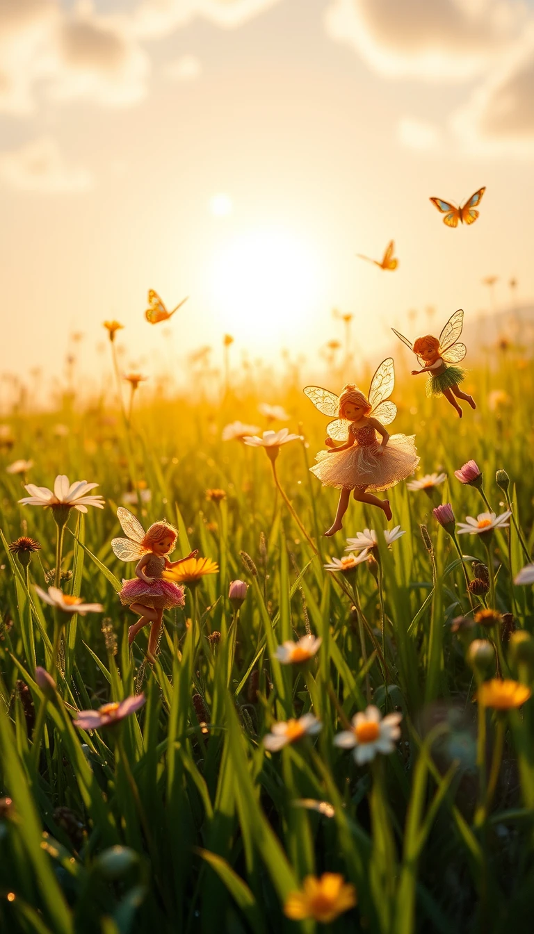 Fairies Dancing In A Dewy Enchanted Meadow At Sunrise